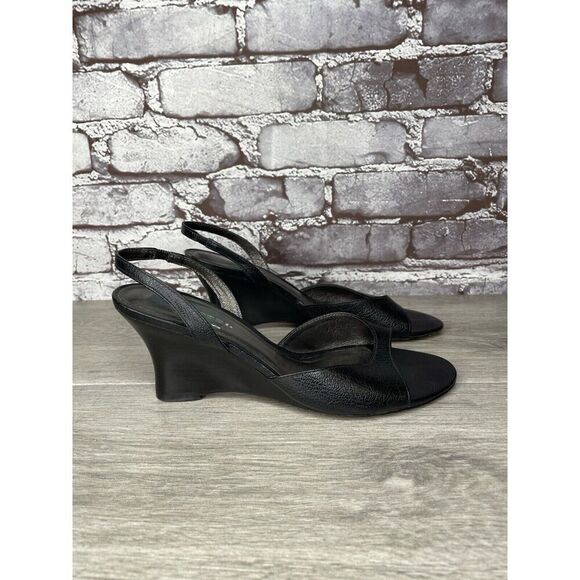 Vigotti Black Leather Open Toe Slingback High Wedge Sandals Women Sz 7W US/38EU - Picture 13 of 16